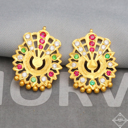 Peacock fan gold stud earrings, gold vintage handmade style earrings, K5298