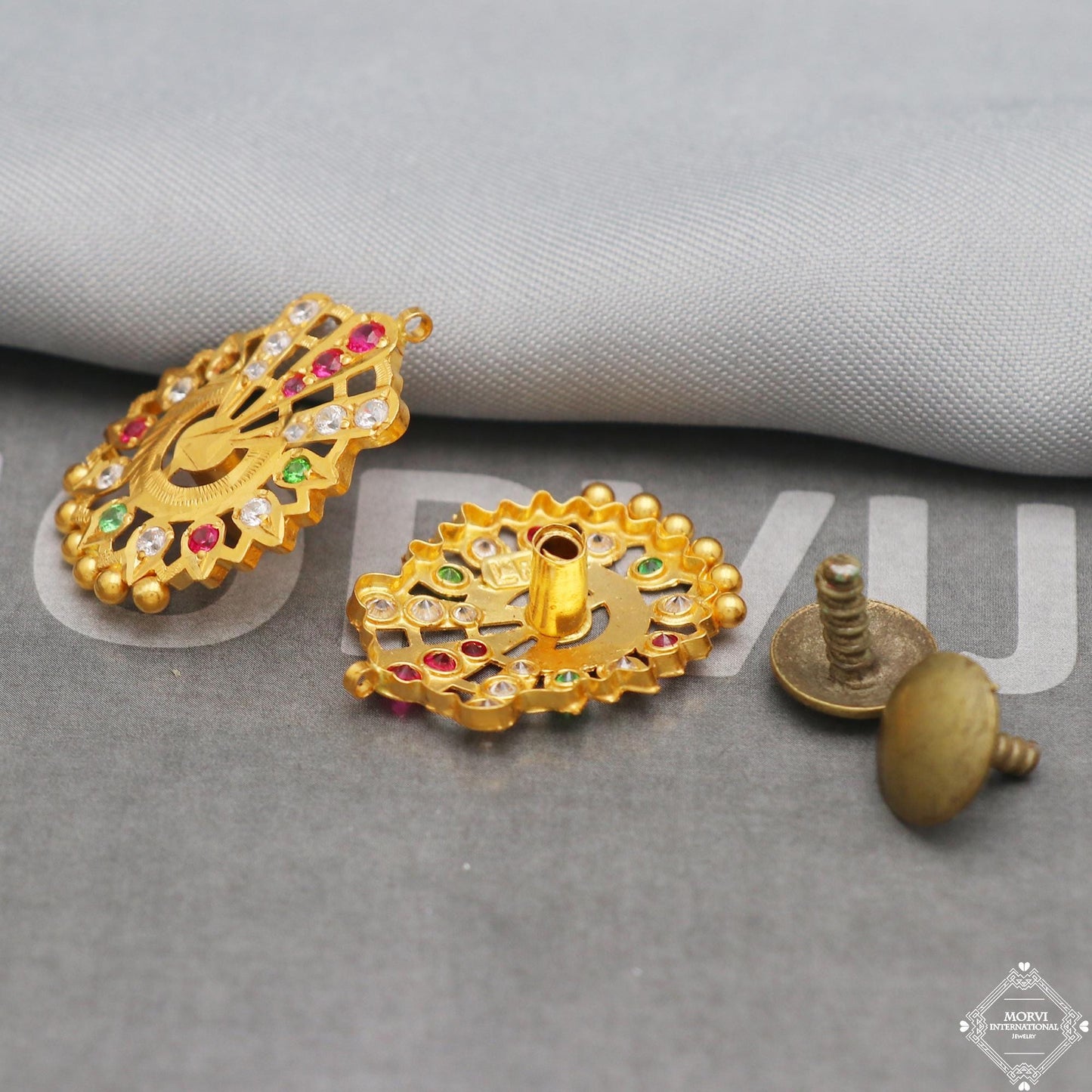 Peacock fan gold stud earrings, gold vintage handmade style earrings, K5298