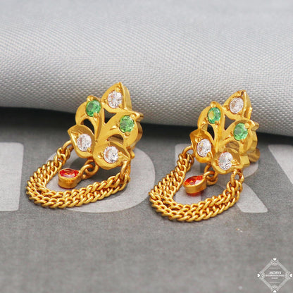 exclusive 22k Yellow Gold Earrings, genuine gold earrings , green white red small stone earrings gift, K5300
