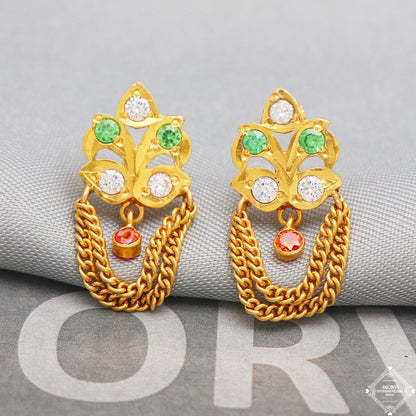 exclusive 22k Yellow Gold Earrings, genuine gold earrings , green white red small stone earrings gift, K5300