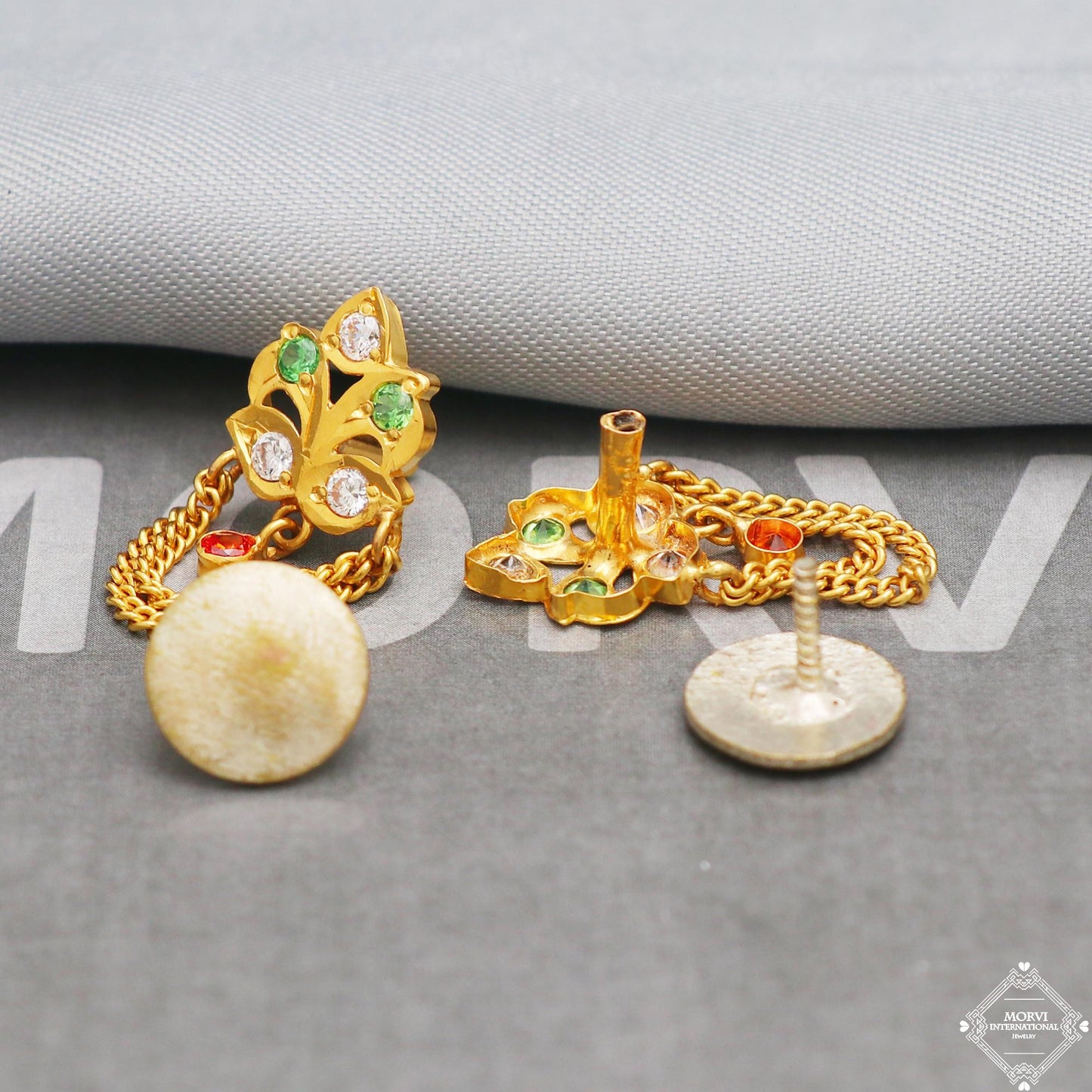exclusive 22k Yellow Gold Earrings, genuine gold earrings , green white red small stone earrings gift, K5300