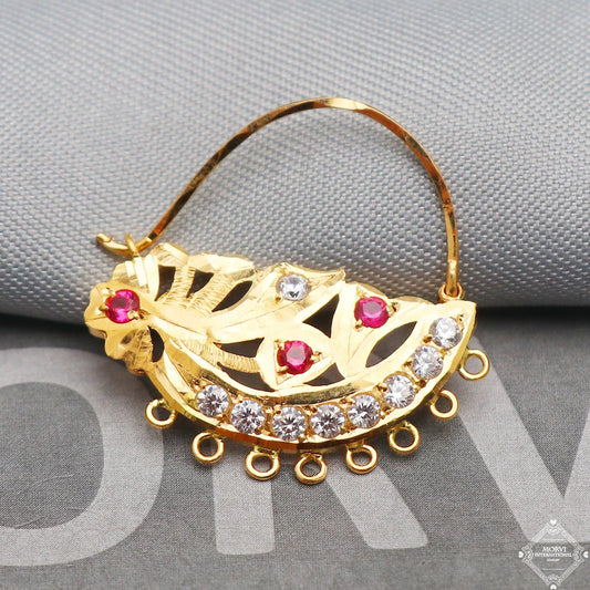22k gold nose ring with a leaf design white and pink stones Handmade Fusion Boho ethnic jewelry for women gift, K5313