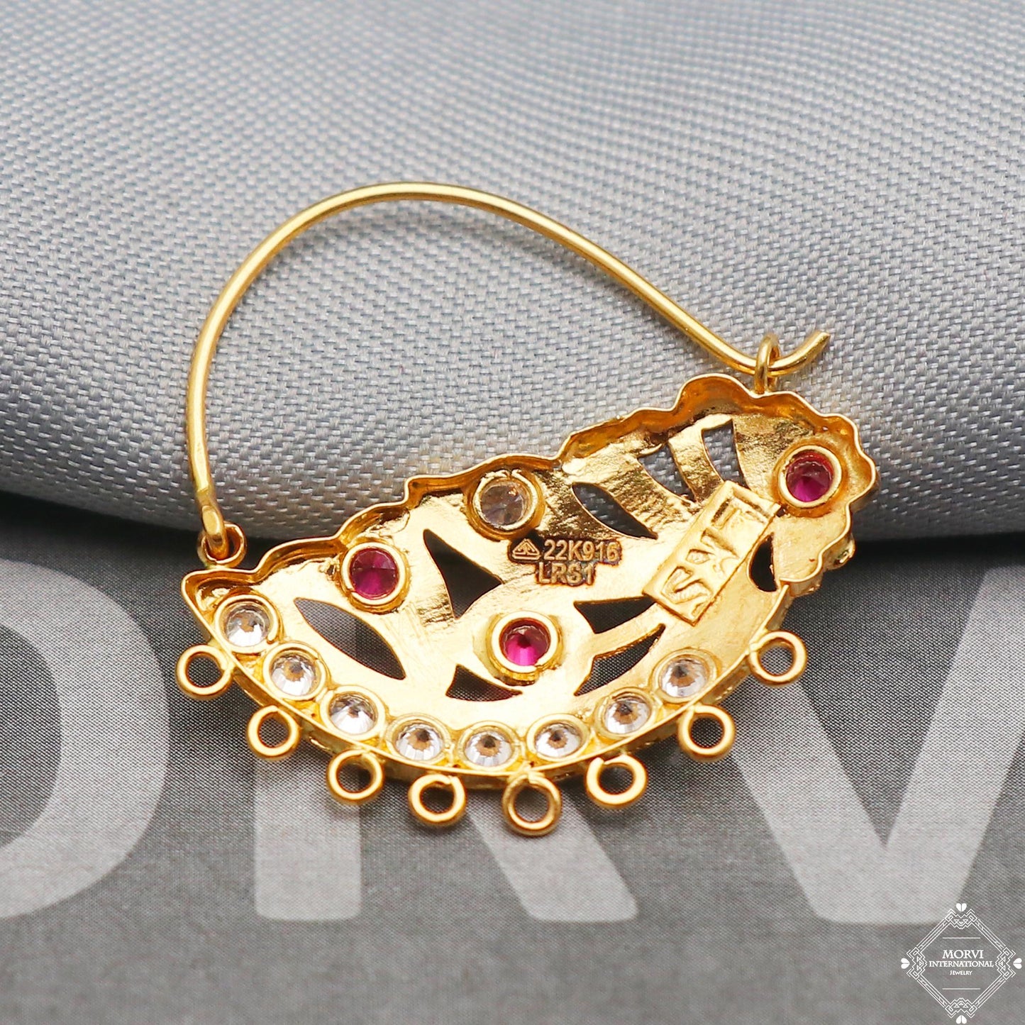 22k gold nose ring with a leaf design white and pink stones Handmade Fusion Boho ethnic jewelry for women gift, K5313