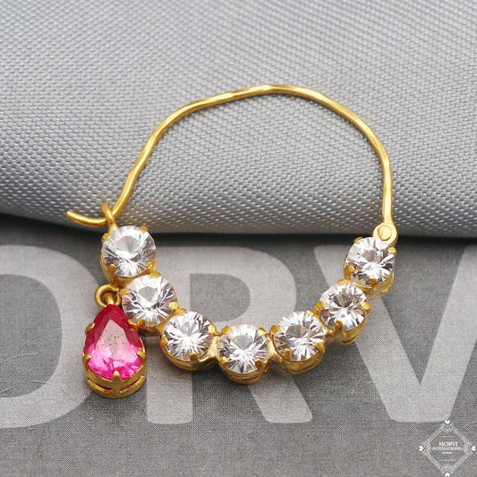 22kt 22k gold white stones and pink stone nose ring nath indian jewelry, K5314