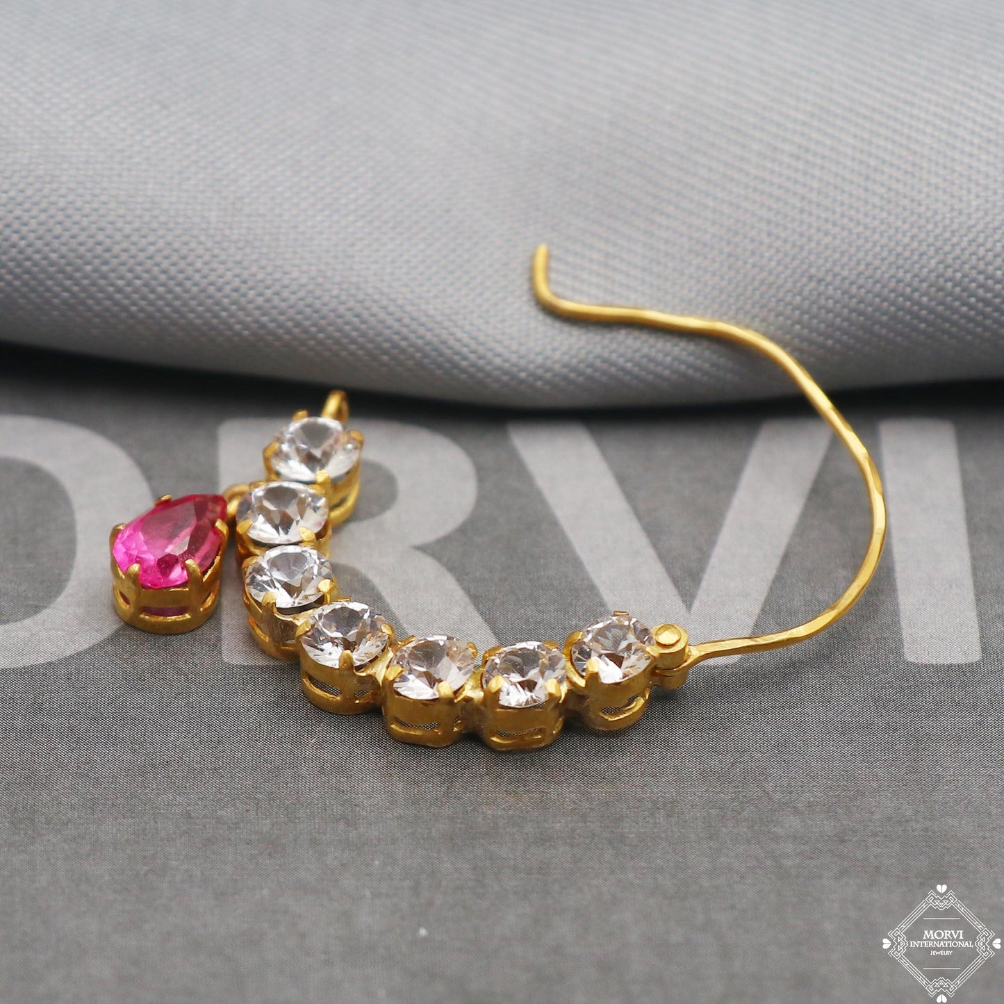 22kt 22k gold white stones and pink stone nose ring nath indian jewelry, K5314