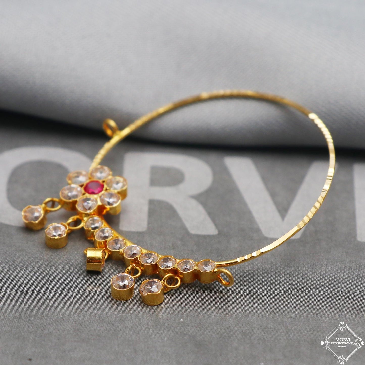 Zircon 22k Yellow Gold Hoop Nose Ring Pin Nath Jewelry, K5323