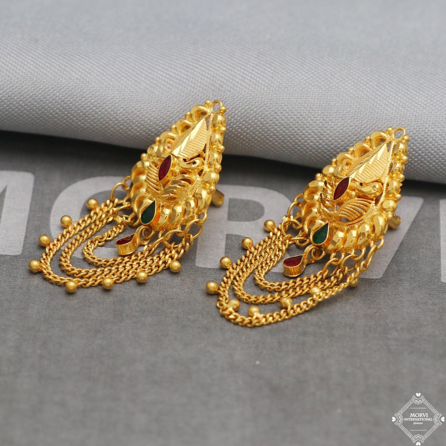 ethnic gold earrings dangling chain, 22k gold earrings, K5337