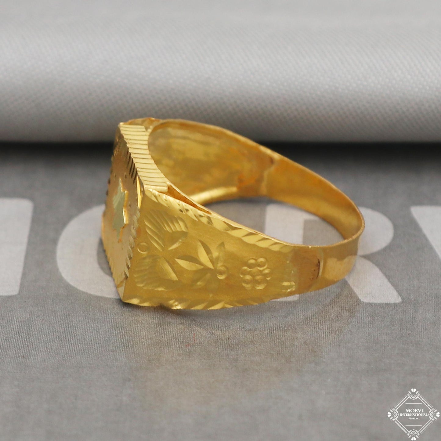 Signet Style Gold Ring, India Hand Made star Carved Solid 22kt Gold Ring Jewelry for Gift