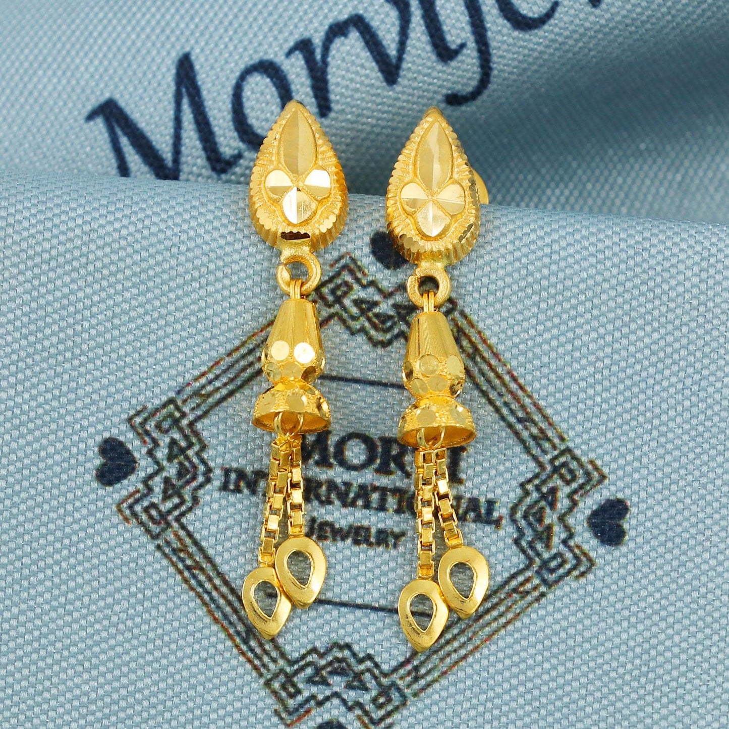 22k Gold Dangle Earrings Dainty Indian 22kt Jewelry Exclusive Authentic BIS Hallmarked Stamped "22k916" Jewelry, MJ0052