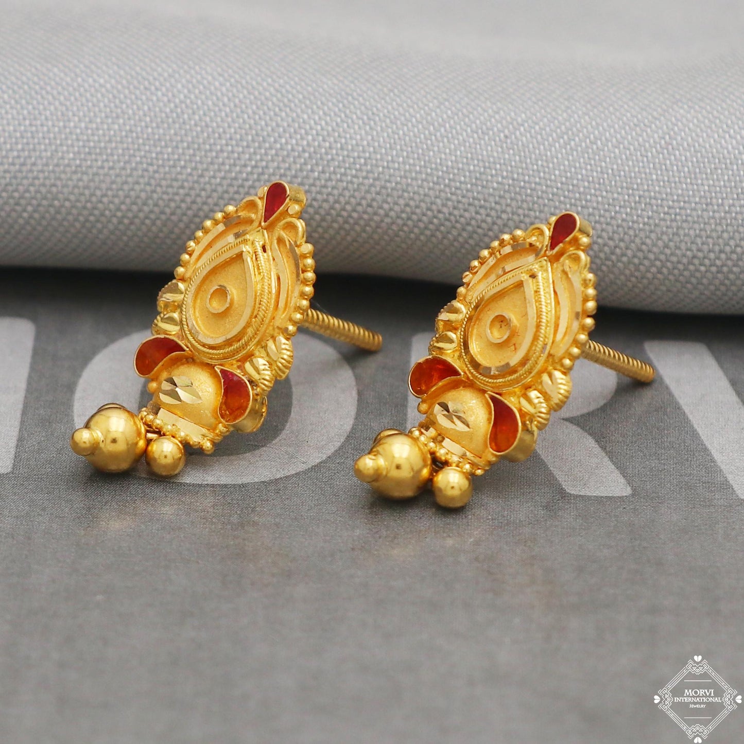 22kt solid gold dangling beads screw back earrings jewelry, K5226