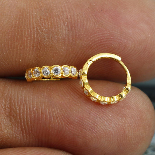 22k Gold Zircon Bali Hoop Earrings, Dainty Hoops with Sparkling Zircons, Real Gold Hoop Bali Earrings Indian Handmade Jewelry, K5397