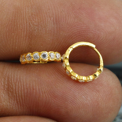 22k Gold Zircon Bali Hoop Earrings, Dainty Hoops with Sparkling Zircons, Real Gold Hoop Bali Earrings Indian Handmade Jewelry, K5397