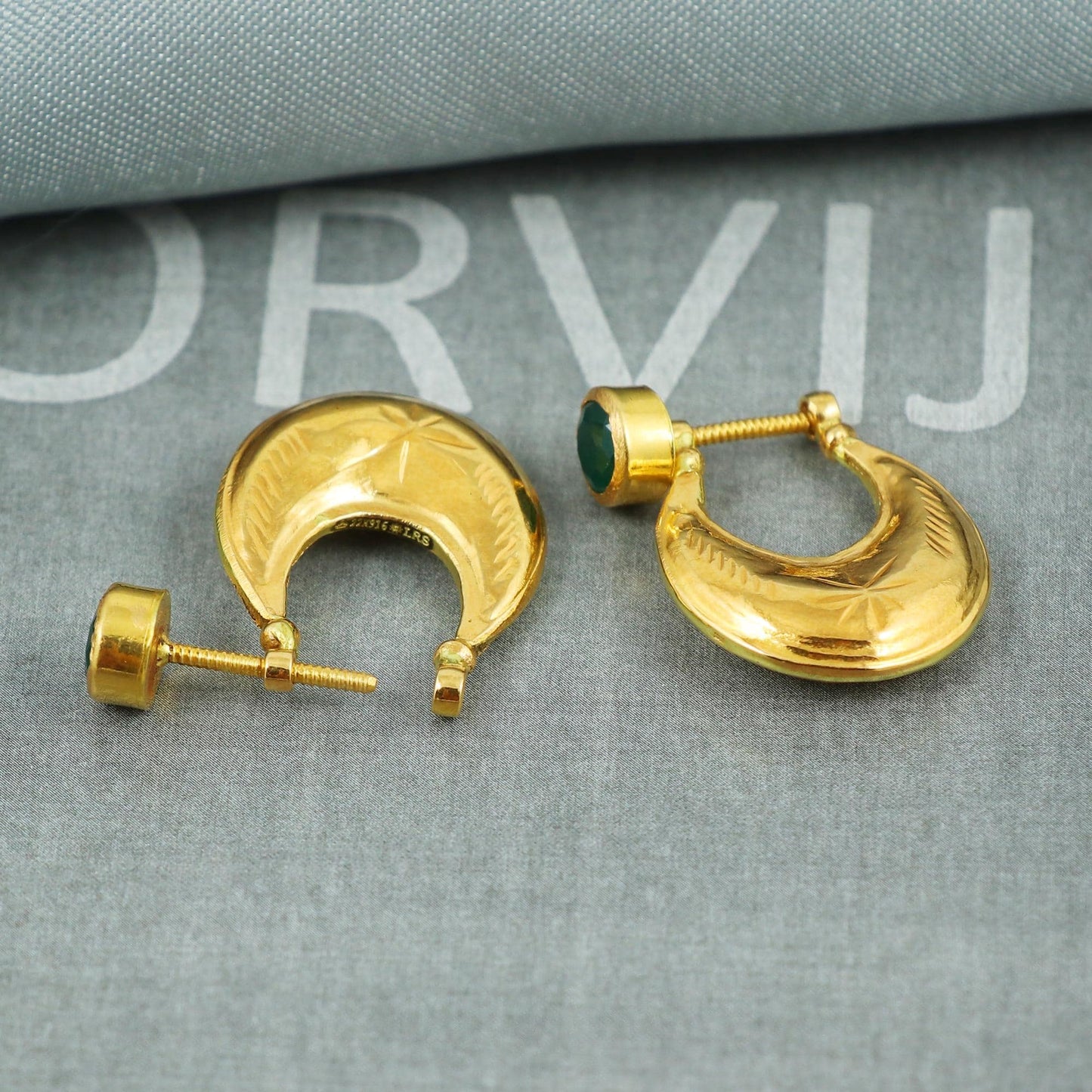 22k Gold Hoop Bali Earrings with Carved Design and Green Stone | Ethnic Gold Jewelry | Indian Gold Earrings, K5399