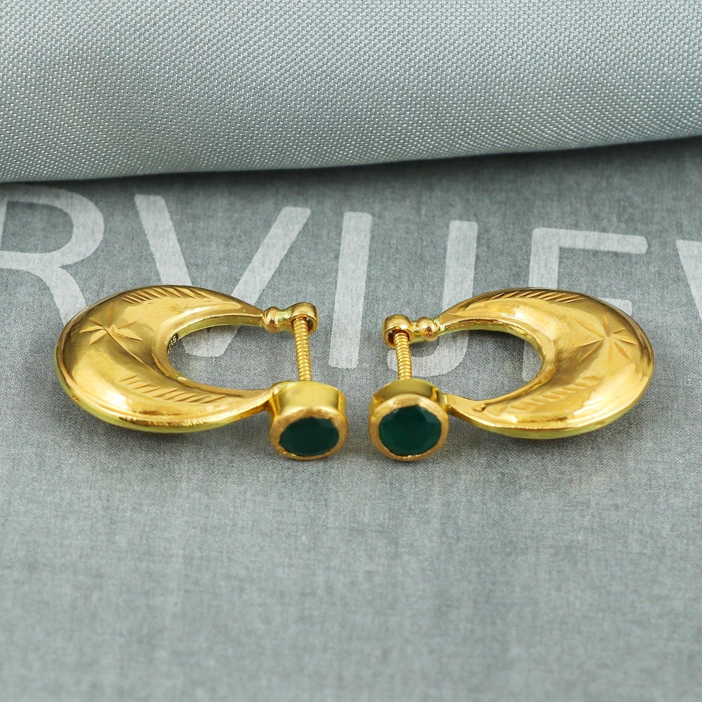 22k Gold Hoop Bali Earrings with Carved Design and Green Stone | Ethnic Gold Jewelry | Indian Gold Earrings, K5399
