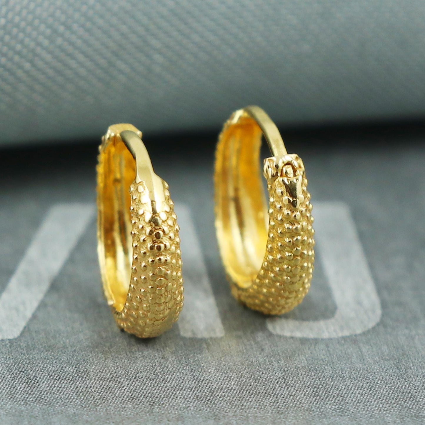 18k Gold Hoop Earrings with Textured Dot Design | Indian Handmade Earrings | Small Ethnic Gold Hoops for Women | , K5400A