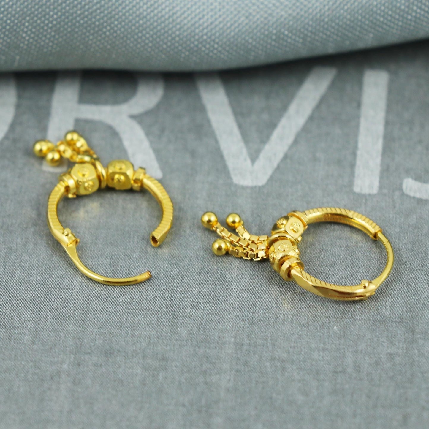 22k Gold Hoop Earrings with Bead | Small Indian Bali Hoops | Lightweight Pure Gold Earrings for Women, K5401