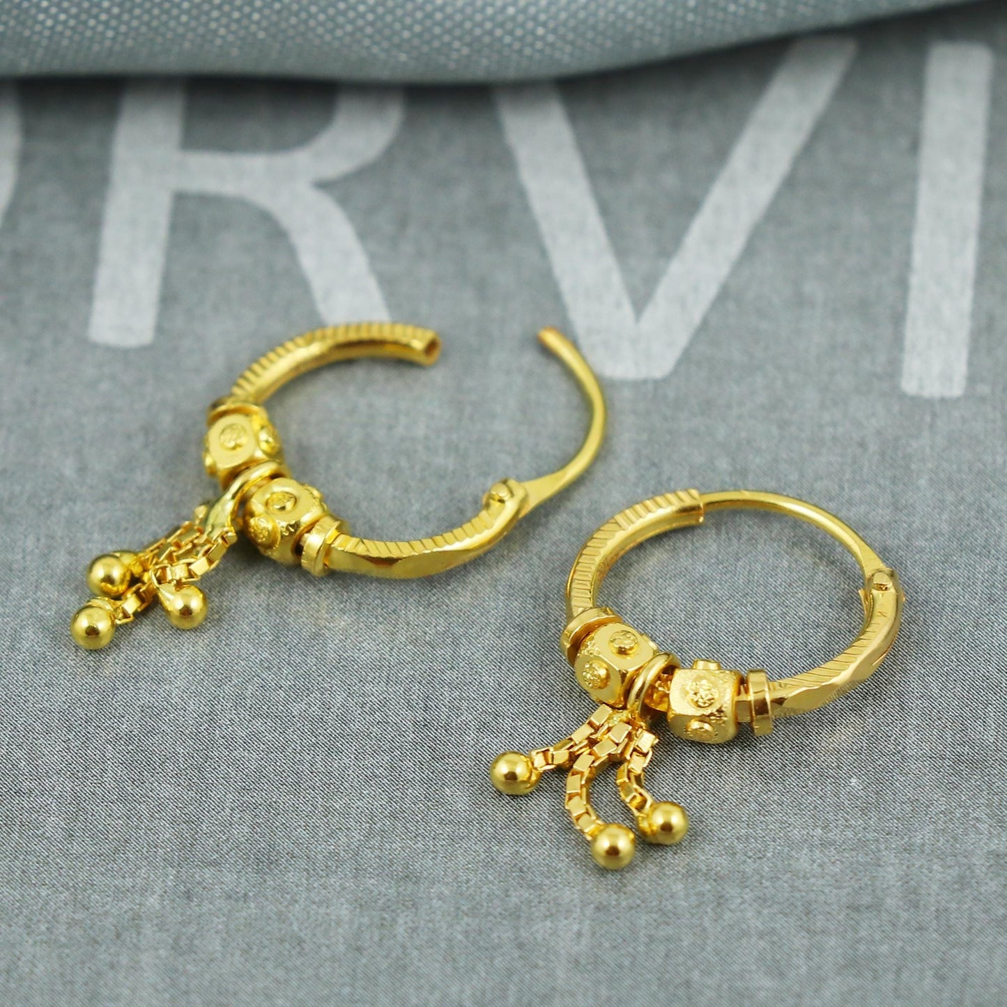 22k Gold Hoop Earrings with Bead | Small Indian Bali Hoops | Lightweight Pure Gold Earrings for Women, K5401