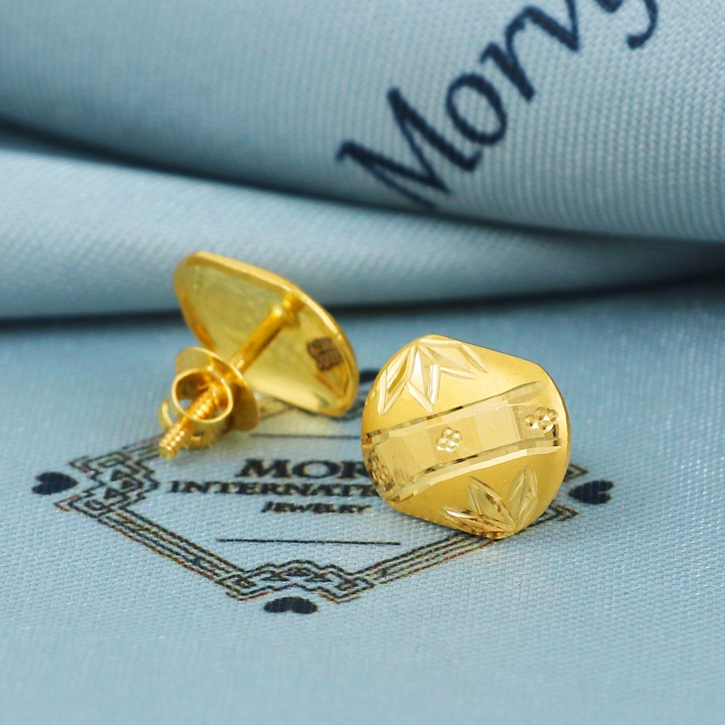 Engraved 22k Gold Stud Earrings Dainty Indian Jewelry, MJ0045