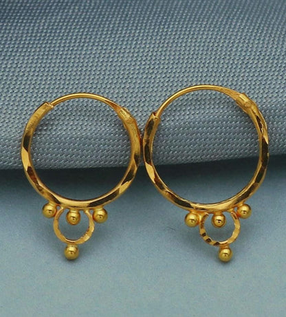 Pure 20k Yellow Gold Hoop Bali Earrings, Huggies, Beads Handmade gold earrings for women, Christmas gift, dainty small Indian gold earrings