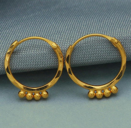 20k Yellow Gold Hoop Bali Earrings, Huggies, Beads Handmade gold earrings for women, Christmas gift, dainty Indian gold earrings