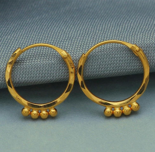 20k Yellow Gold Hoop Bali Earrings, Huggies, Beads Handmade gold earrings for women, Christmas gift, dainty Indian gold earrings