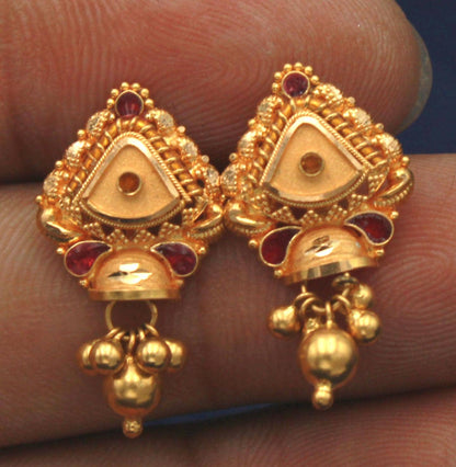 bell - 22k Yellow Gold Stud Earrings , Handmade Yellow gold earrings for women, vintage antique design indian gold earrings jewelry, K1815