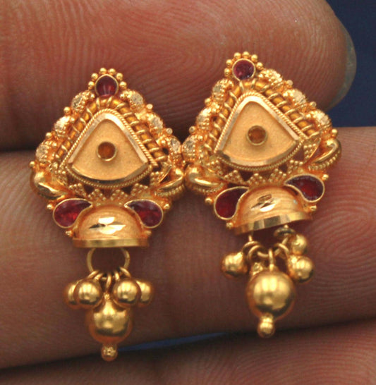 bell - 22k Yellow Gold Stud Earrings , Handmade Yellow gold earrings for women, vintage antique design indian gold earrings jewelry, K1815