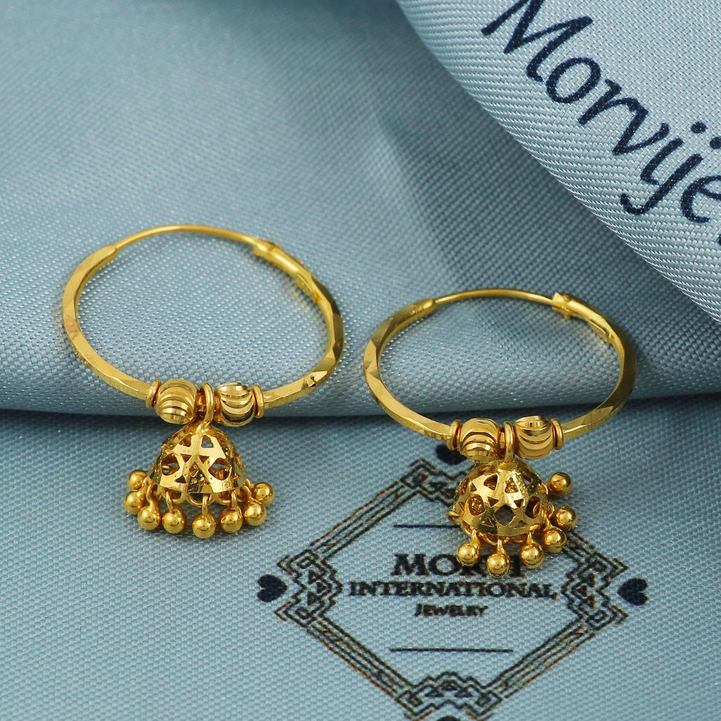 22k Yellow Gold Hoop Jhumki Dangling Earring Jhumka, Handmade Indian Gold Jewelry for Women, MJ0076
