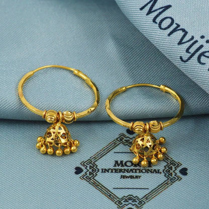 22k Yellow Gold Hoop Jhumki Dangling Earring Jhumka, Handmade Indian Gold Jewelry for Women, MJ0076
