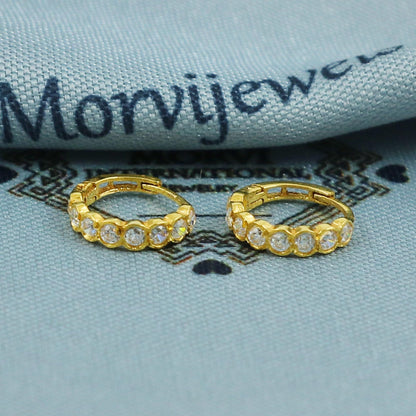 22k Gold Zircon Bali Hoop Earrings, Dainty Hoops with Sparkling Zircons, Real Gold Hoop Bali Earrings Indian Handmade Jewelry, K5397