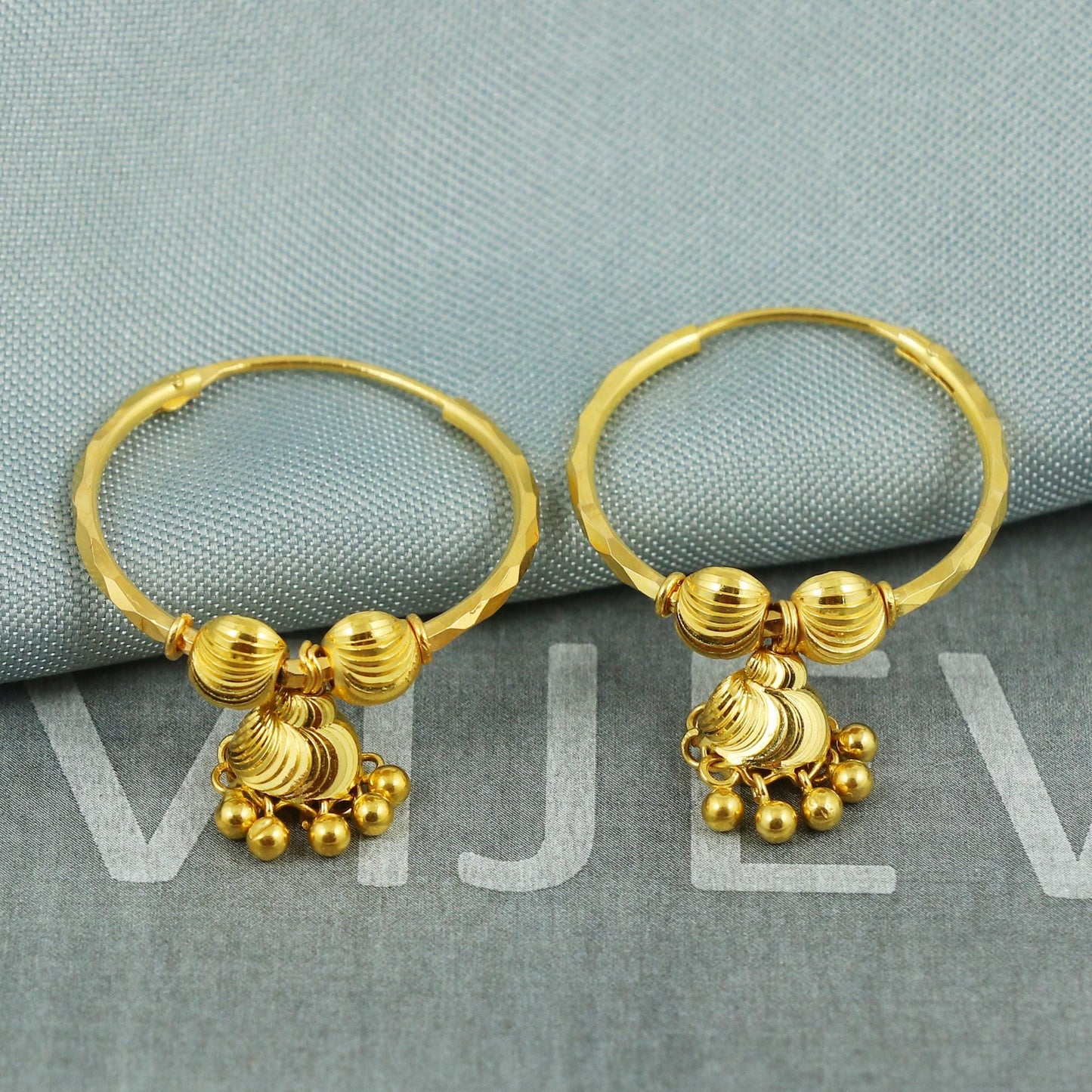 22k Yellow Gold Jhumka, Handmade Indian Gold Jewelry for Women, Hoop Earrings with Dangle Bells, Indian Ethnic Earrings for Women, K5398