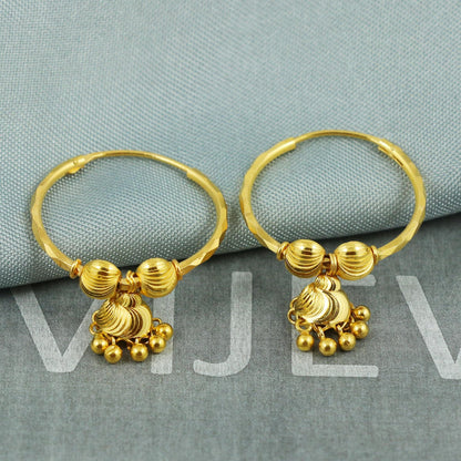 22k Yellow Gold Jhumka, Handmade Indian Gold Jewelry for Women, Hoop Earrings with Dangle Bells, Indian Ethnic Earrings for Women, K5398