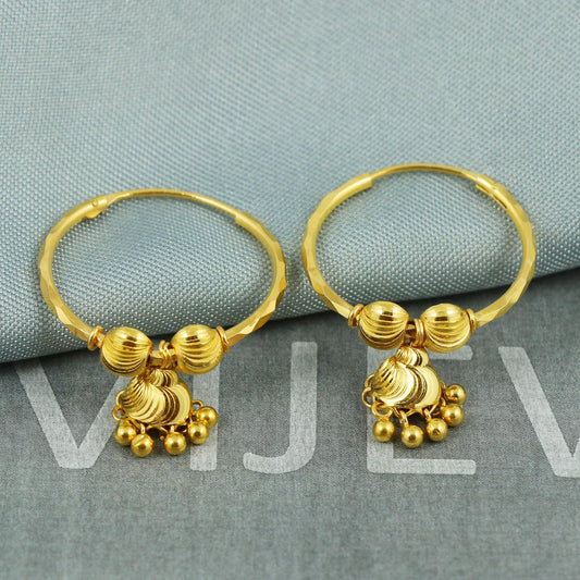 22k Yellow Gold Jhumka, Handmade Indian Gold Jewelry for Women, Hoop Earrings with Dangle Bells, Indian Ethnic Earrings for Women, K5398