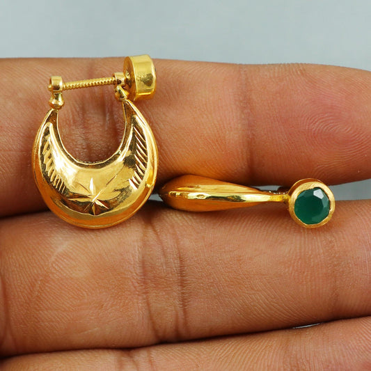 22k Gold Hoop Bali Earrings with Carved Design and Green Stone | Ethnic Gold Jewelry | Indian Gold Earrings, K5399