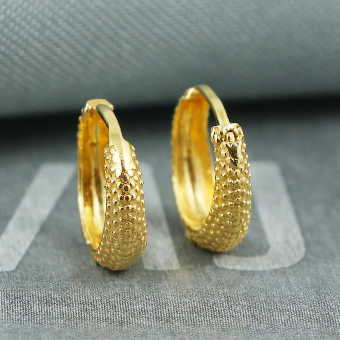 18k Gold Hoop Earrings with Textured Dot Design | Indian Handmade Earrings | Small Ethnic Gold Hoops for Women | , K5400A