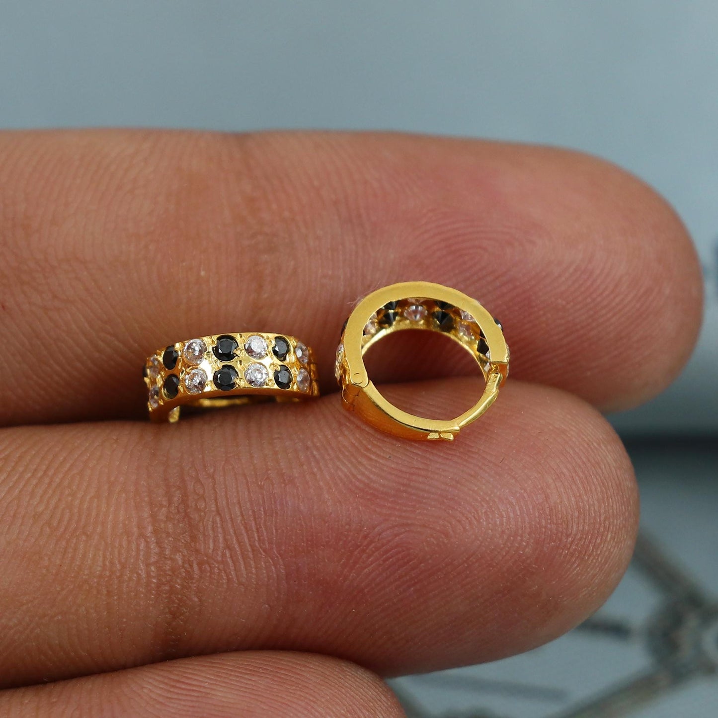 Blue and white stone 20k Yellow Gold Hoop Bali Earrings , Handmade Yellow gold earrings for women, Small Tiny Hoops, K5423
