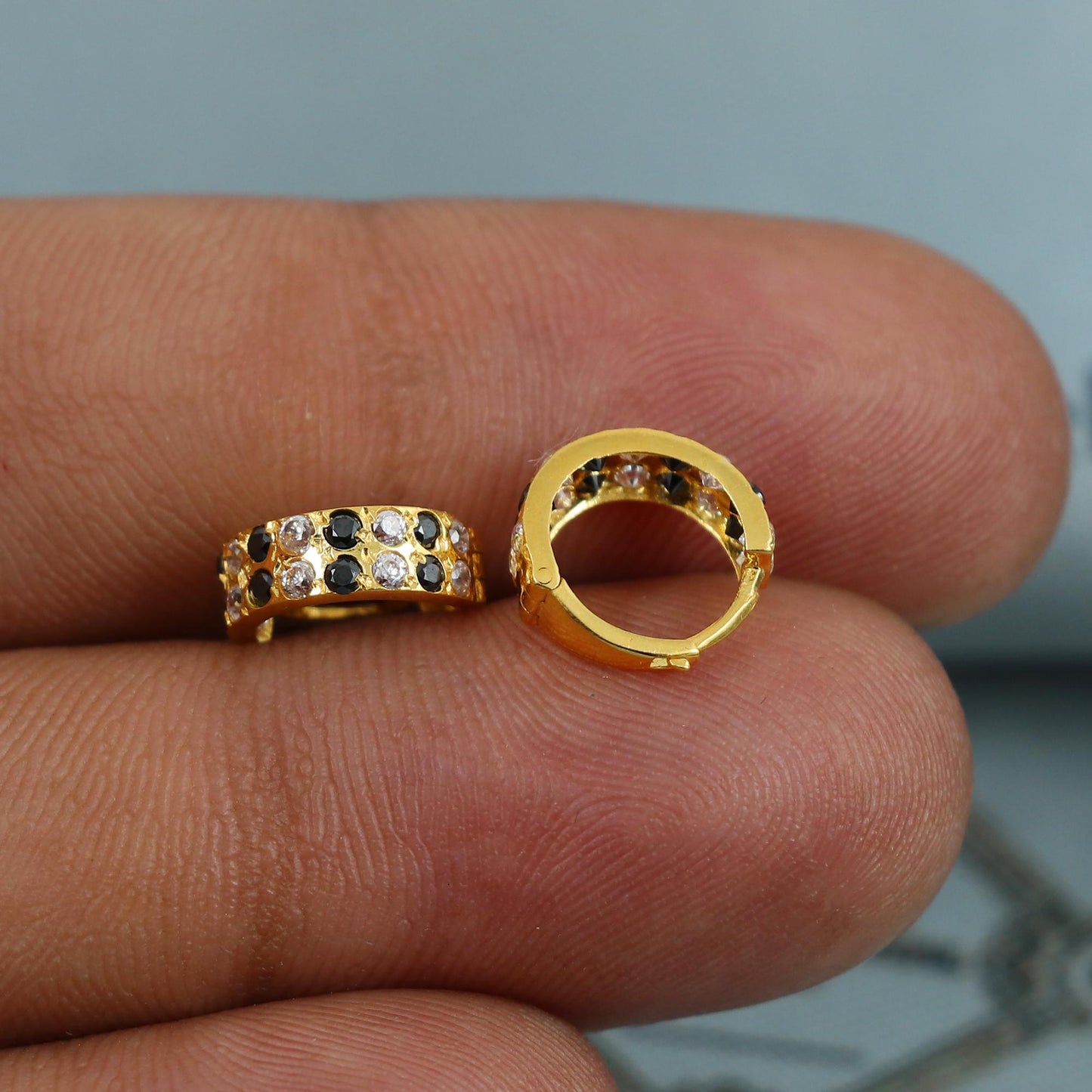 Blue and white stone 20k Yellow Gold Hoop Bali Earrings , Handmade Yellow gold earrings for women, Small Tiny Hoops, K5423
