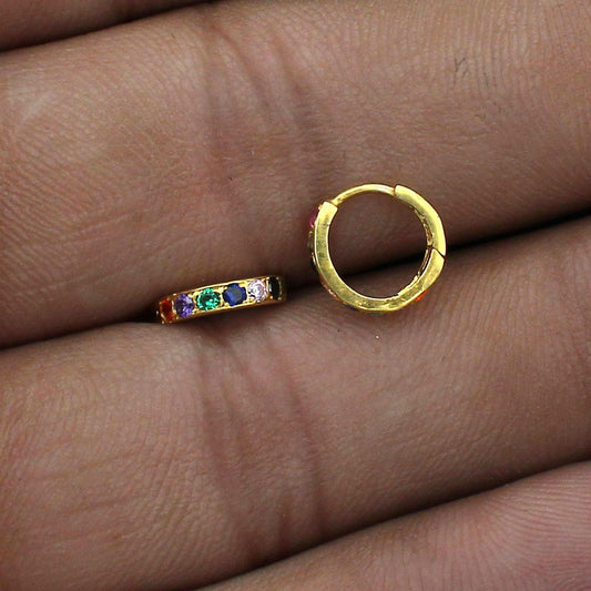 Very Small Solid 20k Gold Hoop Bali Earrings Handmade Yellow gold earrings , Valentine Day gift, multi color zircon indian gold earrings,