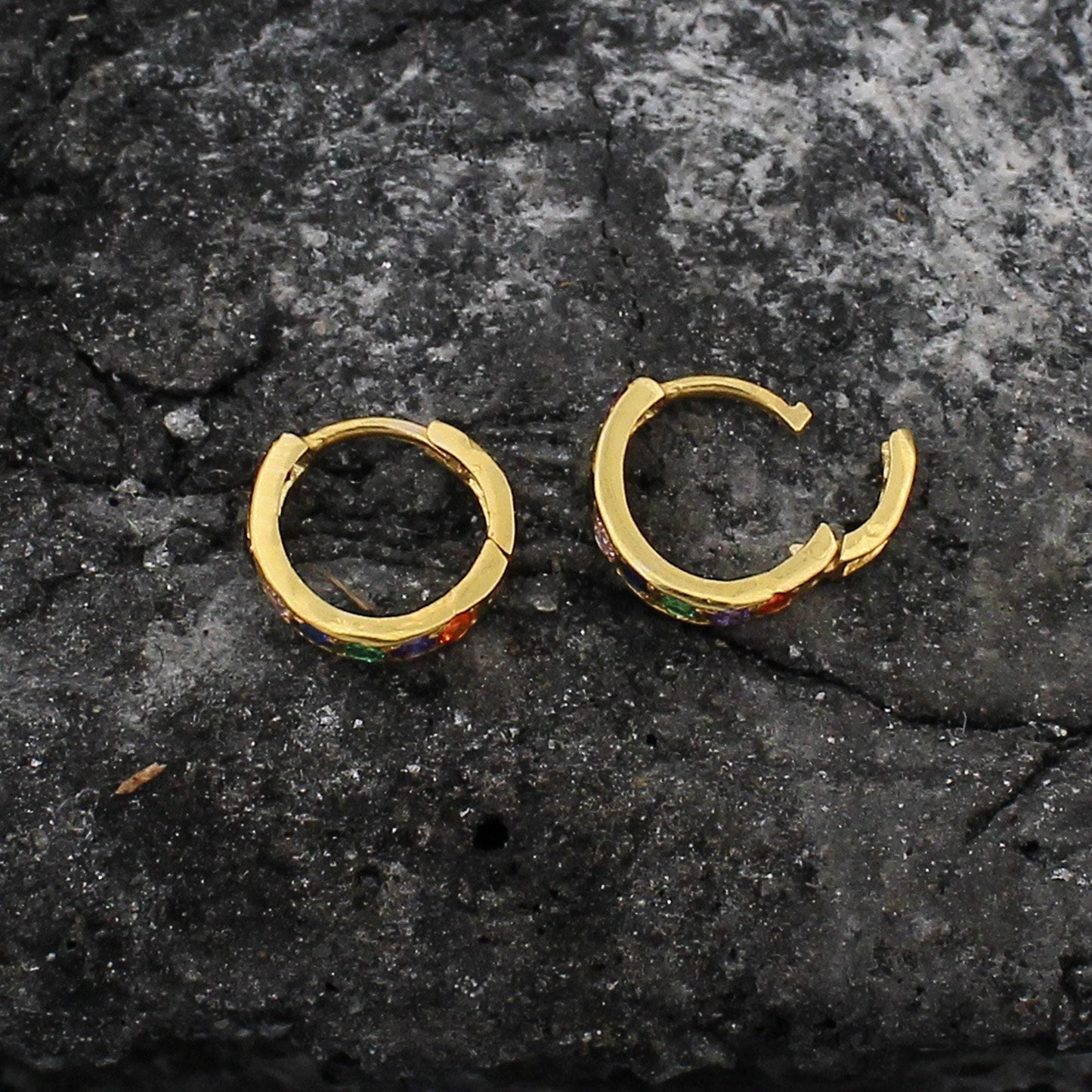 Very Small Solid 20k Gold Hoop Bali Earrings Handmade Yellow gold earrings , Valentine Day gift, multi color zircon indian gold earrings,