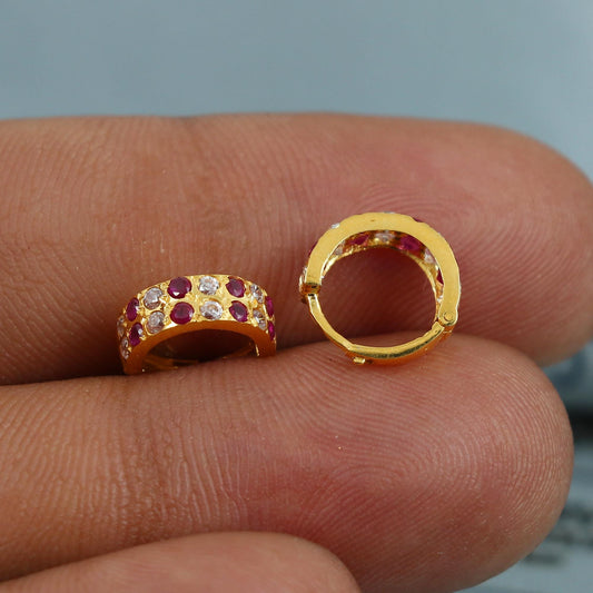 20k Yellow Gold Hoop Bali Earrings , Handmade Yellow gold earrings for women, Small Tiny Hoops, Pink White Small Stones, K5421