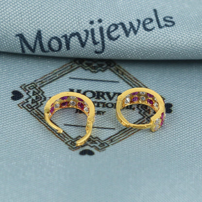20k Yellow Gold Hoop Bali Earrings , Handmade Yellow gold earrings for women, Small Tiny Hoops, Pink White Small Stones, K5421