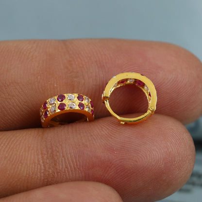 20k Yellow Gold Hoop Bali Earrings , Handmade Yellow gold earrings for women, Small Tiny Hoops, Pink White Small Stones, K5421