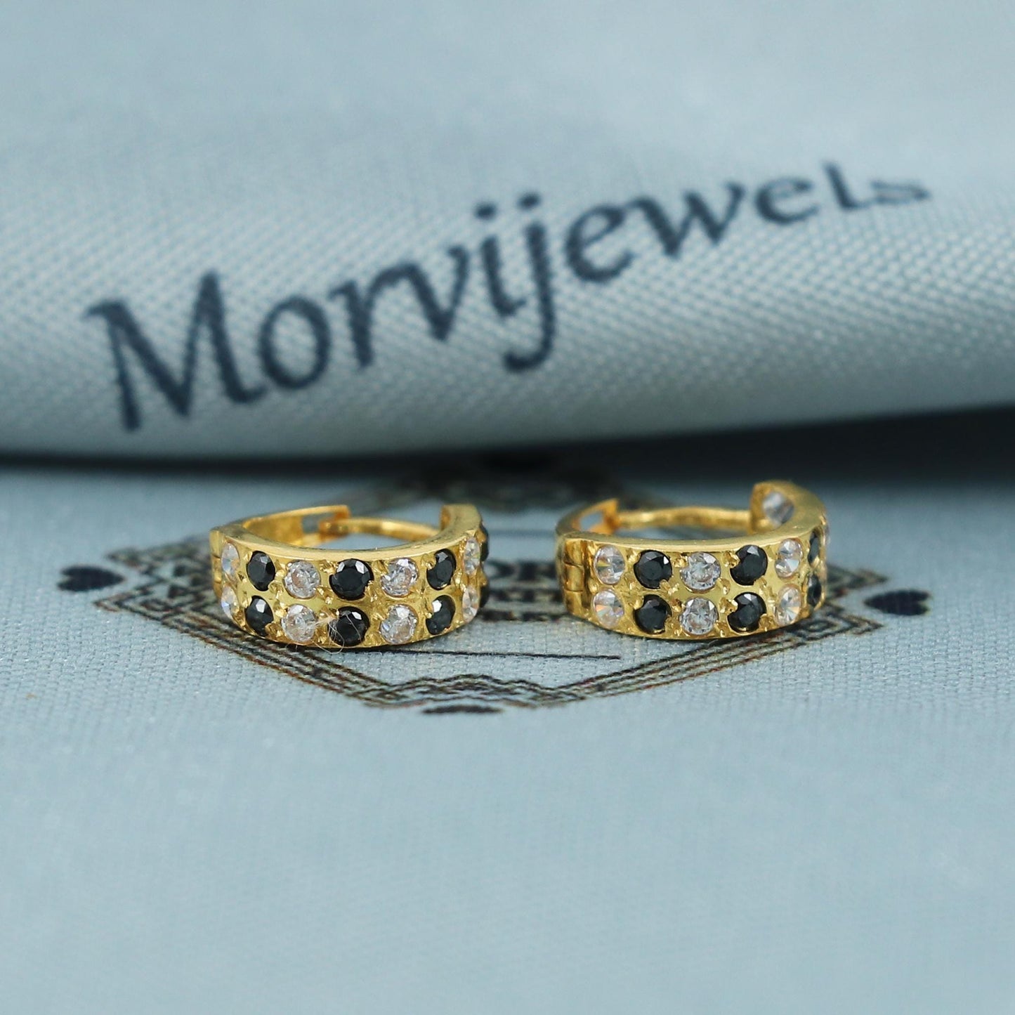 Blue and white stone 20k Yellow Gold Hoop Bali Earrings , Handmade Yellow gold earrings for women, Small Tiny Hoops, K5423