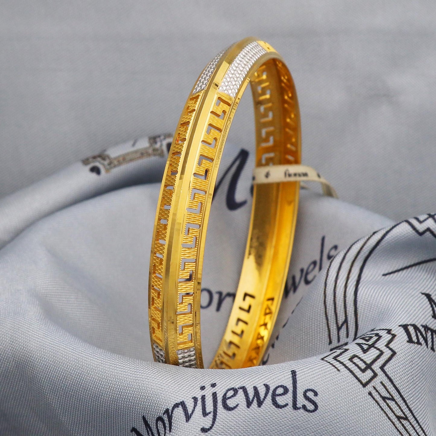 22k Gold Bangle Bracelet Greek Key Handmade Jewelry, Two tone Engraved Single Jewelry for Gift, K5434