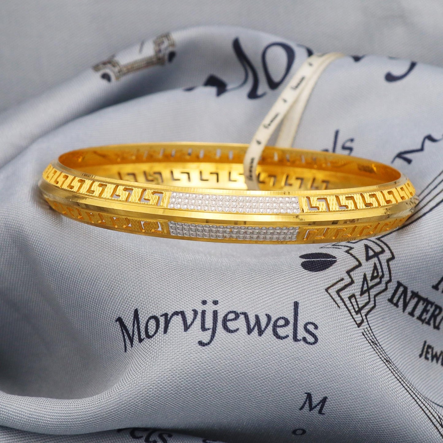 22k Gold Bangle Bracelet Greek Key Handmade Jewelry, Two tone Engraved Single Jewelry for Gift, K5434