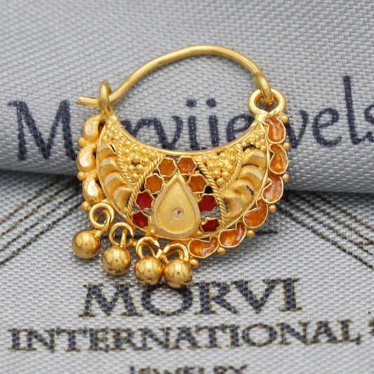 22kt Yellow Gold Nose Ring Traditional Indian Handmade Nose pin, 22k Yellow Gold Nath, K5487