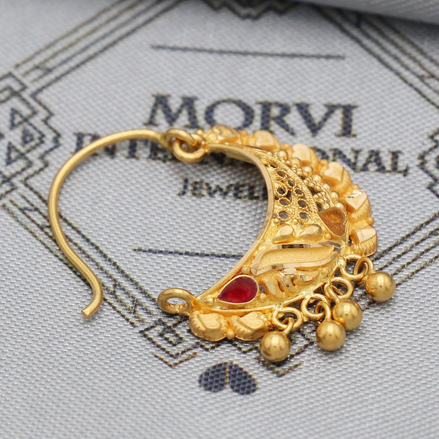 22k Yellow Gold Nath, Indian Vintage Design Pure Gold Nath / Earrings Nose Ring Traditional Indian Handmade Nose pin,  K5490