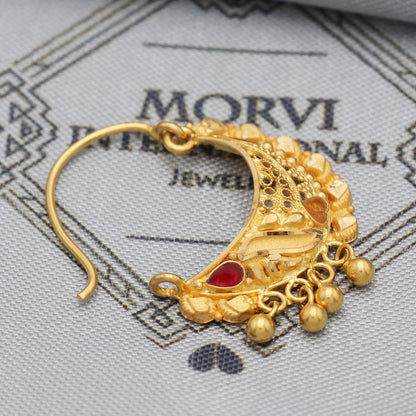 22k Yellow Gold Nath, Indian Vintage Design Pure Gold Nath / Earrings Nose Ring Traditional Indian Handmade Nose pin,  K5490