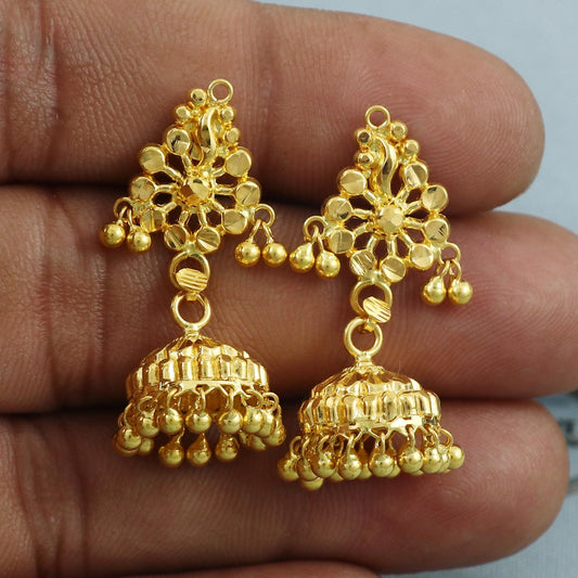 22k yellow Gold Earrings with hanging beads, Indian gold earrings Jhumka wedding anniversary gift for women