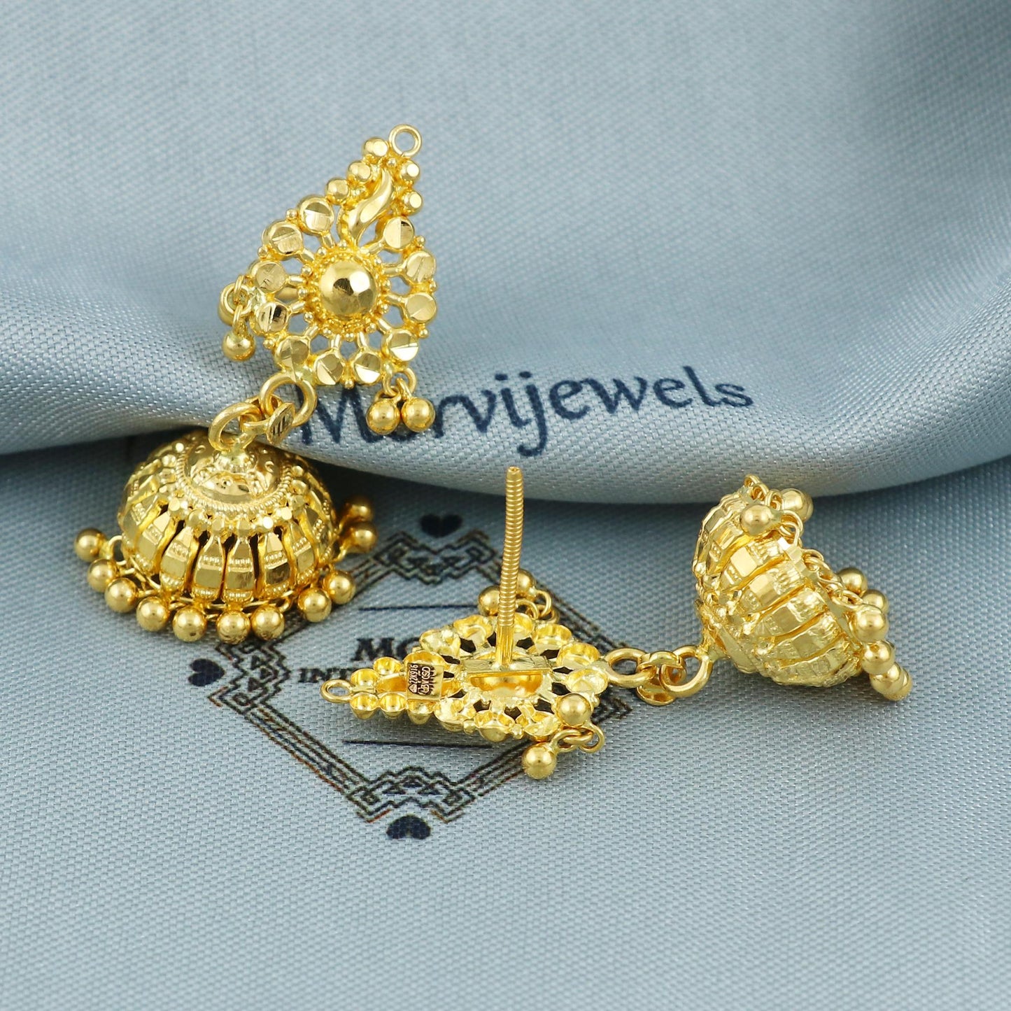 22k yellow Gold Earrings with hanging beads, Indian gold earrings Jhumka wedding anniversary gift for women
